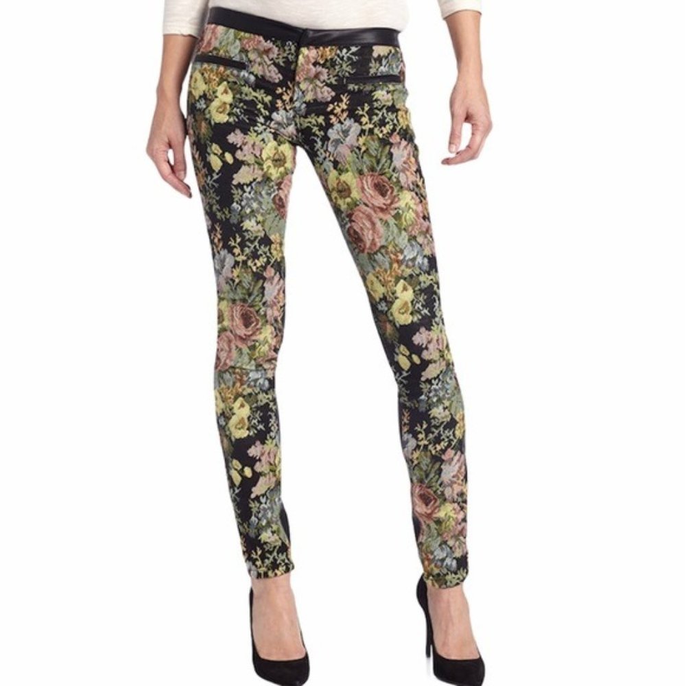 Blank NYC Floral Tapestry & Faux Leather Pants